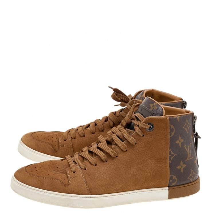 Pre Owned Louis Vuitton Brown Leather And Monogram Canvas High Top Sneakers Size 41.5