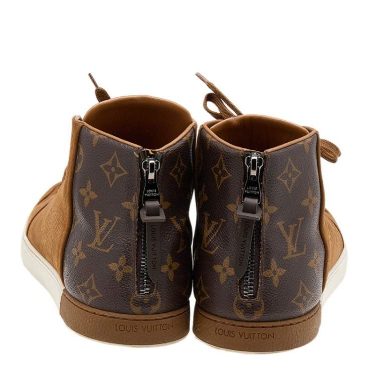 Pre Owned Louis Vuitton Brown Leather And Monogram Canvas High Top Sneakers Size 41.5