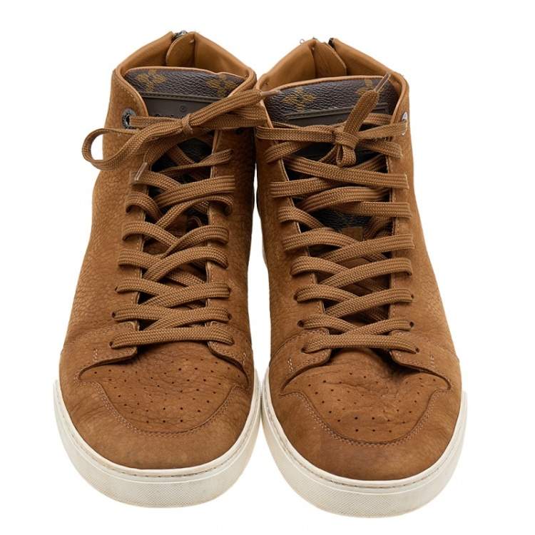 Pre Owned Louis Vuitton Brown Leather And Monogram Canvas High Top Sneakers Size 41.5