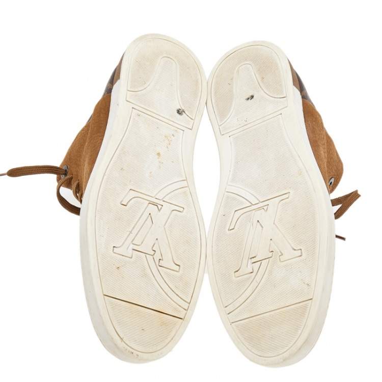 Pre Owned Louis Vuitton Brown Leather And Monogram Canvas High Top Sneakers Size 41.5