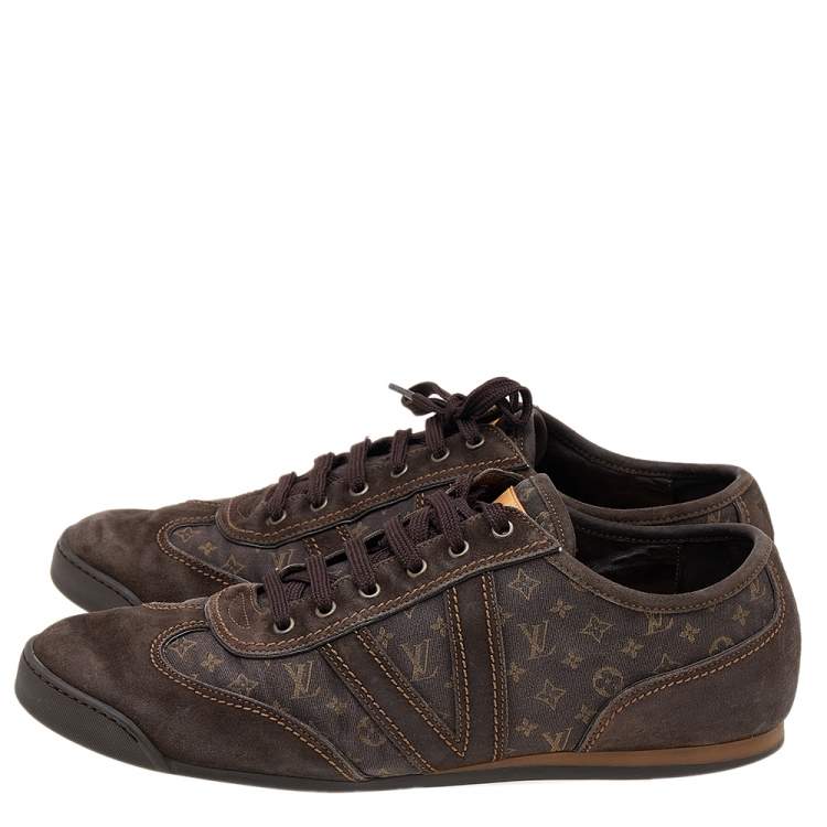 Pre Owned Louis Vuitton Brown Suede And Monogram Mini Lin Canvas Low Top Sneakers Size 44.5