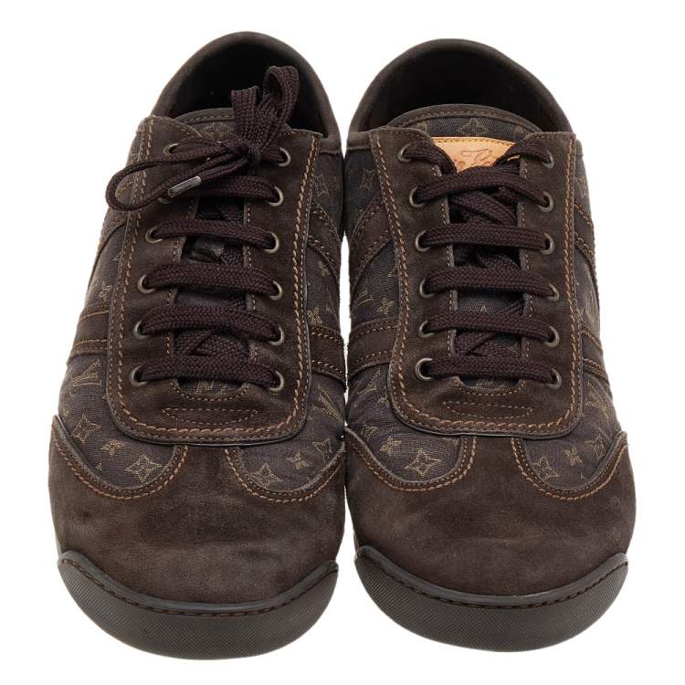 Pre Owned Louis Vuitton Brown Suede And Monogram Mini Lin Canvas Low Top Sneakers Size 44.5