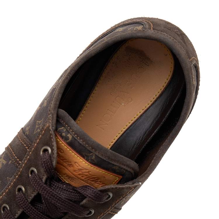 Pre Owned Louis Vuitton Brown Suede And Monogram Mini Lin Canvas Low Top Sneakers Size 44.5