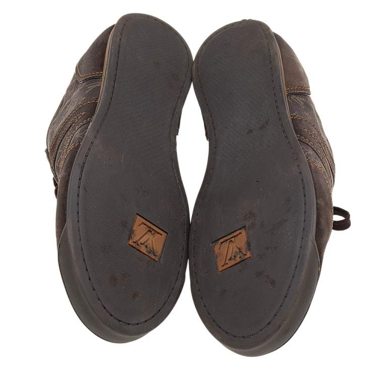 Pre Owned Louis Vuitton Brown Suede And Monogram Mini Lin Canvas Low Top Sneakers Size 44.5