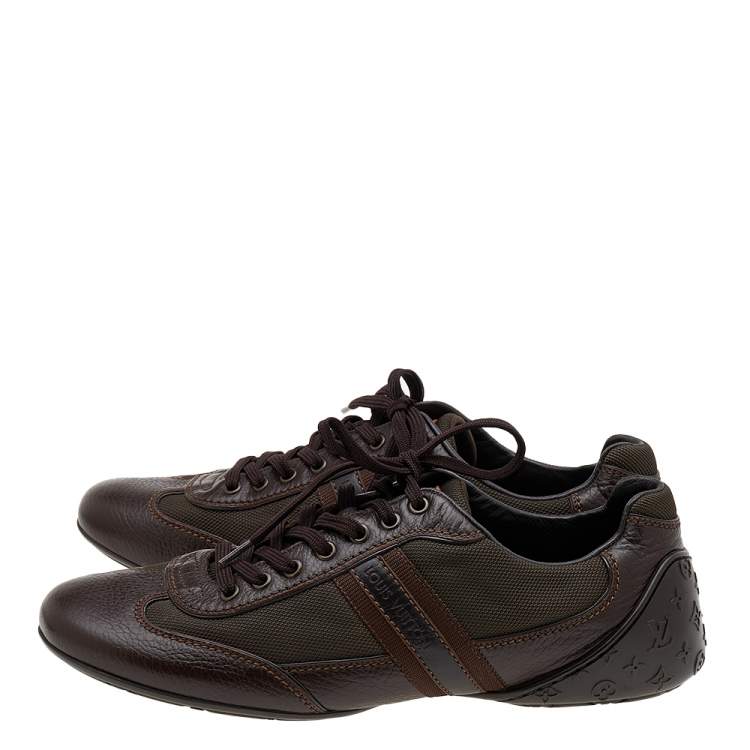 Pre Owned Louis Vuitton Brown Leather And Canvas Low Top Sneakers Size 40.5
