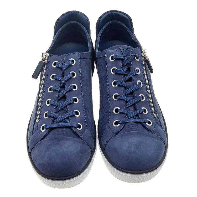 Pre Owned Louis Vuitton Blue Damier Leather And Suede Adventure Zip-Up Low Top Sneakers Size 45.5
