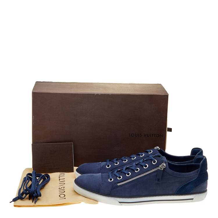 Pre Owned Louis Vuitton Blue Damier Leather And Suede Adventure Zip-Up Low Top Sneakers Size 45.5