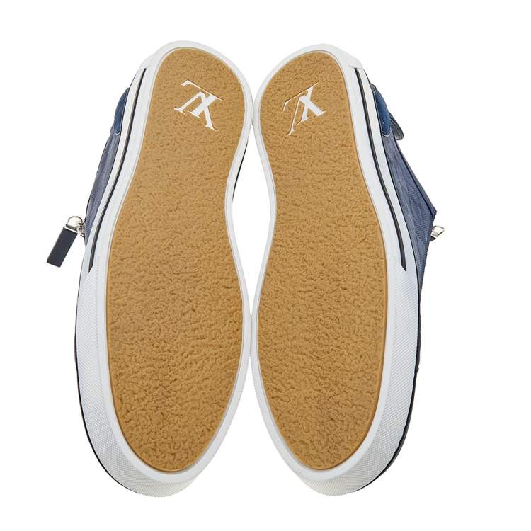 Pre Owned Louis Vuitton Blue Damier Leather And Suede Adventure Zip-Up Low Top Sneakers Size 45.5