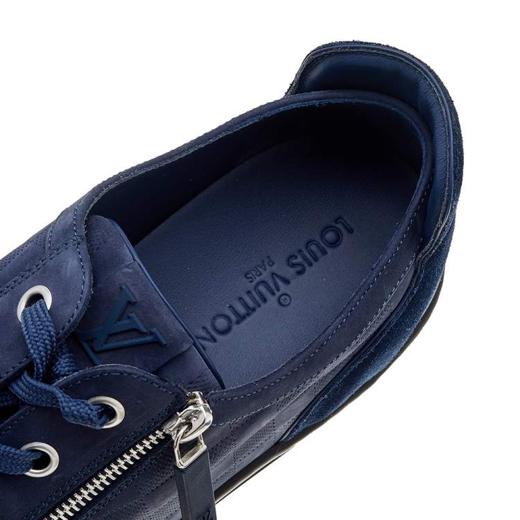 Pre Owned Louis Vuitton Blue Damier Leather And Suede Adventure Zip-Up Low Top Sneakers Size 45.5