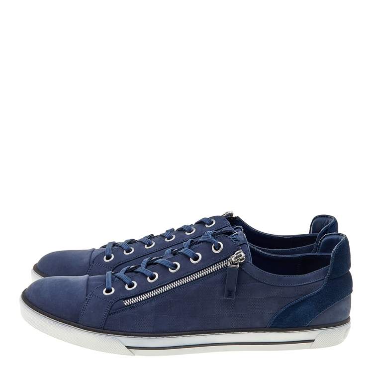 Pre Owned Louis Vuitton Blue Damier Leather And Suede Adventure Zip-Up Low Top Sneakers Size 45.5