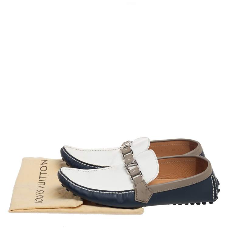 Pre Owned Louis Vuitton White/Navy blue Leather Hockenheim Slip-On Loafers Size 44