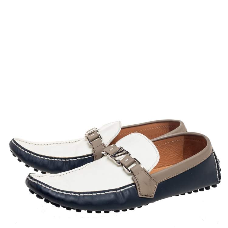 Pre Owned Louis Vuitton White/Navy blue Leather Hockenheim Slip-On Loafers Size 44