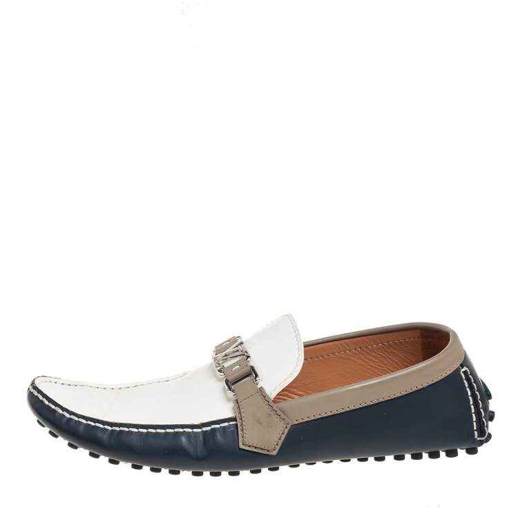 Pre Owned Louis Vuitton White/Navy blue Leather Hockenheim Slip-On Loafers Size 44