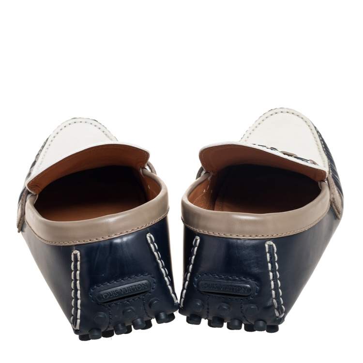 Pre Owned Louis Vuitton White/Navy blue Leather Hockenheim Slip-On Loafers Size 44