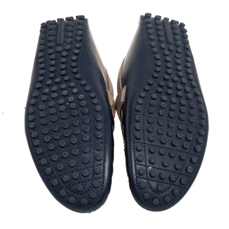 Pre Owned Louis Vuitton White/Navy blue Leather Hockenheim Slip-On Loafers Size 44