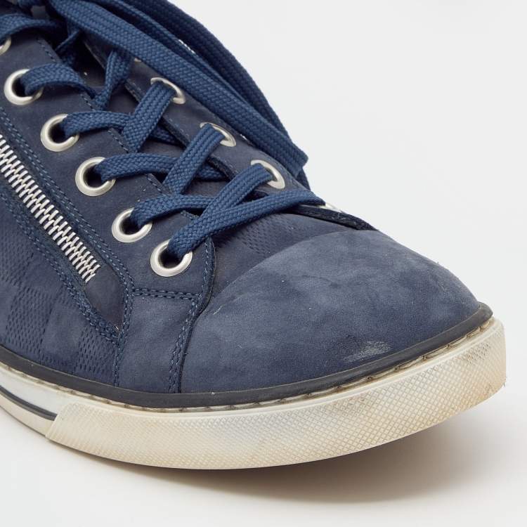 Pre Owned Louis Vuitton Blue Damier Nubuck Leather and Suede Aventure Zip Up Sneakers Size 43