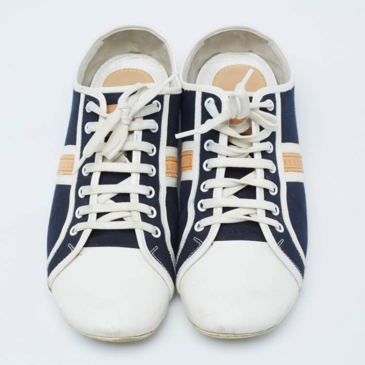 Pre Owned Louis Vuitton Navy Blue/White Canvas and Leather Low Top Sneakers Size 42.5