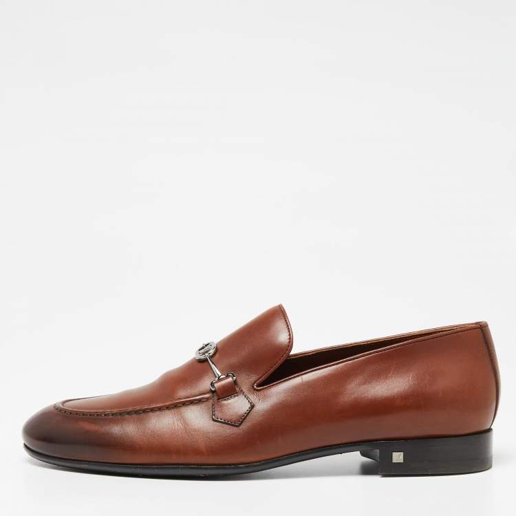 Pre Owned Louis Vuitton Brown Leather Logo Buckle Loafers Size 42