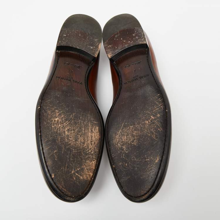 Pre Owned Louis Vuitton Brown Leather Logo Buckle Loafers Size 42