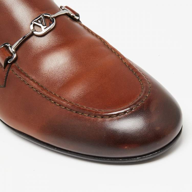 Pre Owned Louis Vuitton Brown Leather Logo Buckle Loafers Size 42
