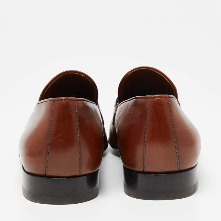 Pre Owned Louis Vuitton Brown Leather Logo Buckle Loafers Size 42