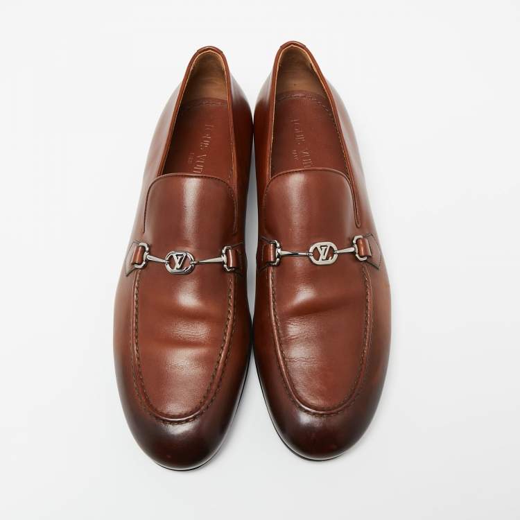 Pre Owned Louis Vuitton Brown Leather Logo Buckle Loafers Size 42