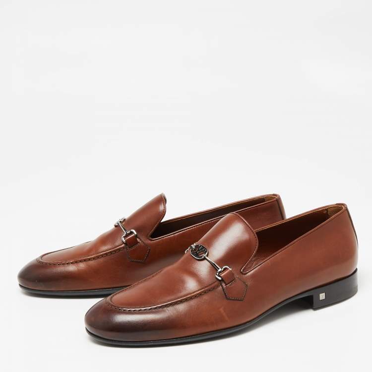 Pre Owned Louis Vuitton Brown Leather Logo Buckle Loafers Size 42