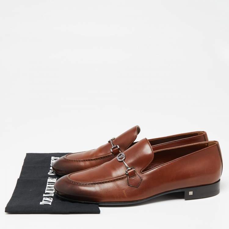 Pre Owned Louis Vuitton Brown Leather Logo Buckle Loafers Size 42