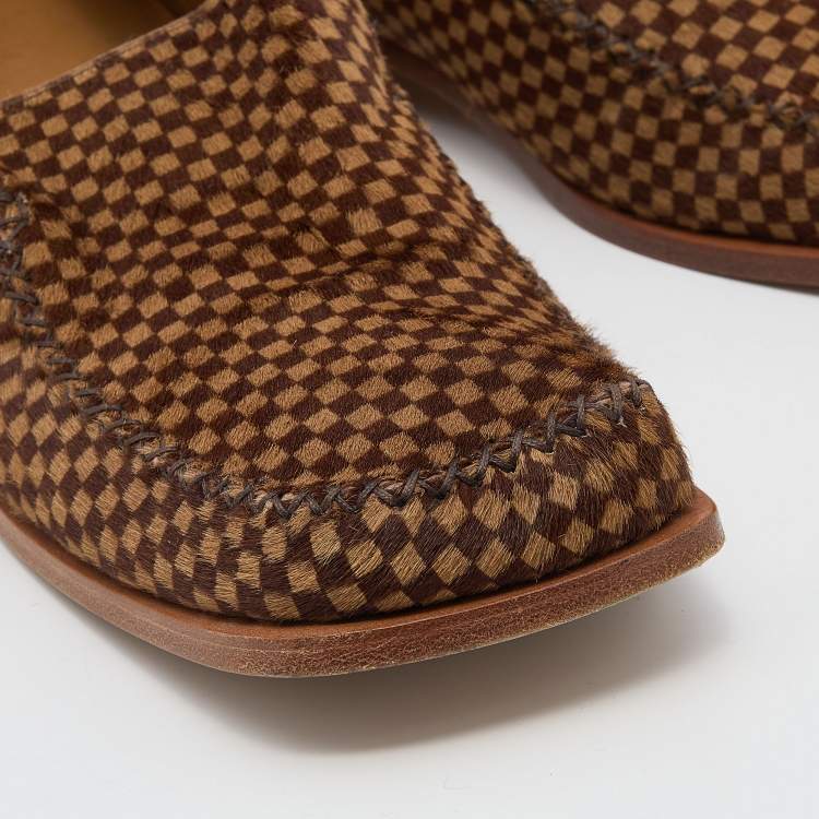 Pre Owned Louis Vuitton Beige/Brown Damier Pony Hair Montaigne Square Toe Loafers Size 44