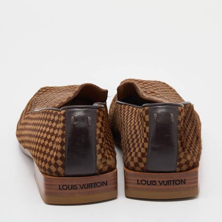 Pre Owned Louis Vuitton Beige/Brown Damier Pony Hair Montaigne Square Toe Loafers Size 44