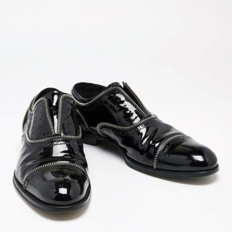 Pre Owned Louis Vuitton Black Brogue Patent Leather Zip Trim Lace-Up Oxfords Size 42