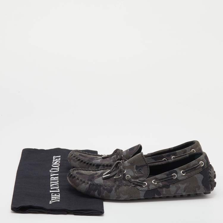 Pre Owned Louis Vuitton Grey Camouflage Print Suede Arizona Slip On Loafers Size 41