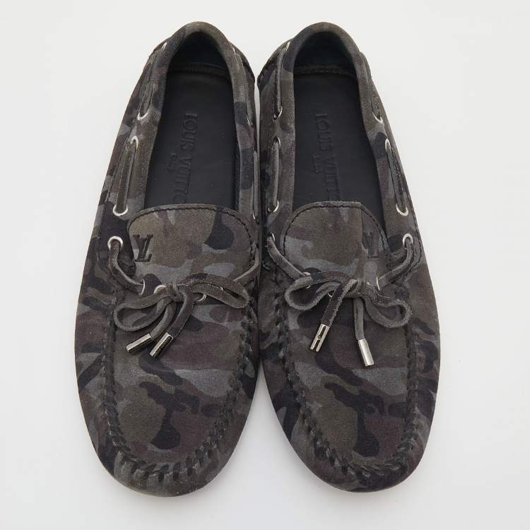 Pre Owned Louis Vuitton Grey Camouflage Print Suede Arizona Slip On Loafers Size 41