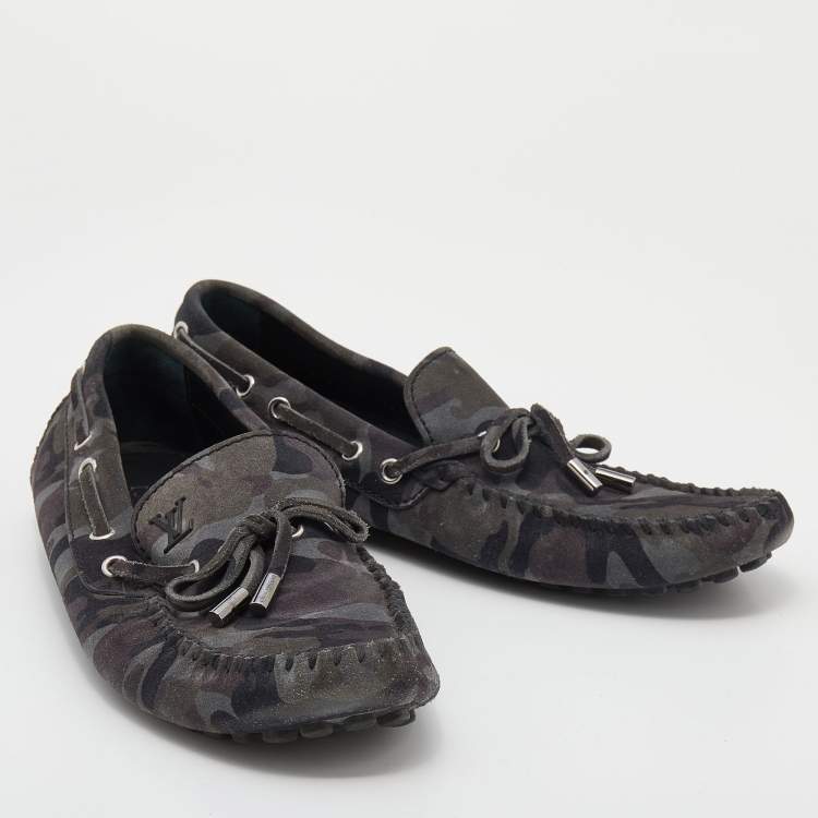 Pre Owned Louis Vuitton Grey Camouflage Print Suede Arizona Slip On Loafers Size 41