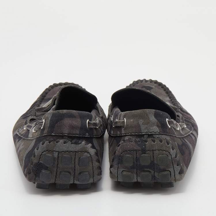 Pre Owned Louis Vuitton Grey Camouflage Print Suede Arizona Slip On Loafers Size 41