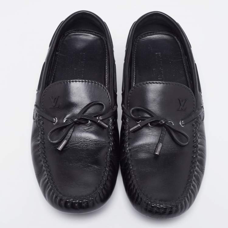 Pre Owned Louis Vuitton Black Leather Logo Bow Slip On Loafers Size 45