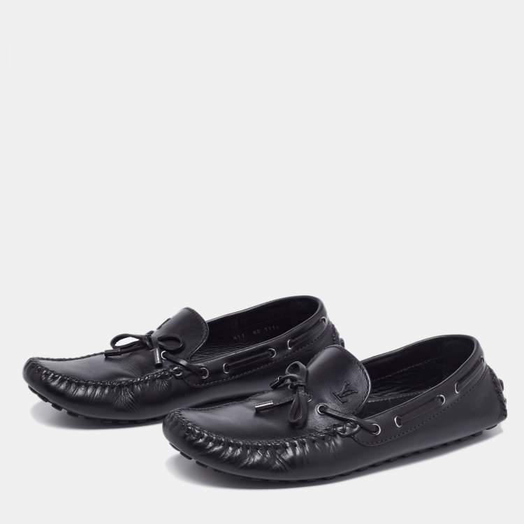 Pre Owned Louis Vuitton Black Leather Logo Bow Slip On Loafers Size 45