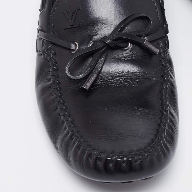 Pre Owned Louis Vuitton Black Leather Logo Bow Slip On Loafers Size 45