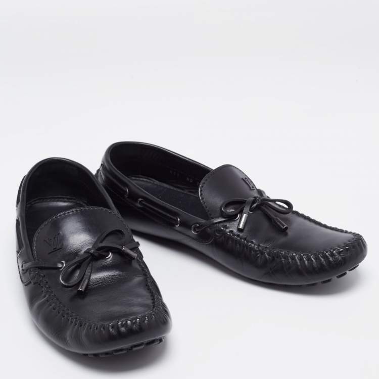 Pre Owned Louis Vuitton Black Leather Logo Bow Slip On Loafers Size 45