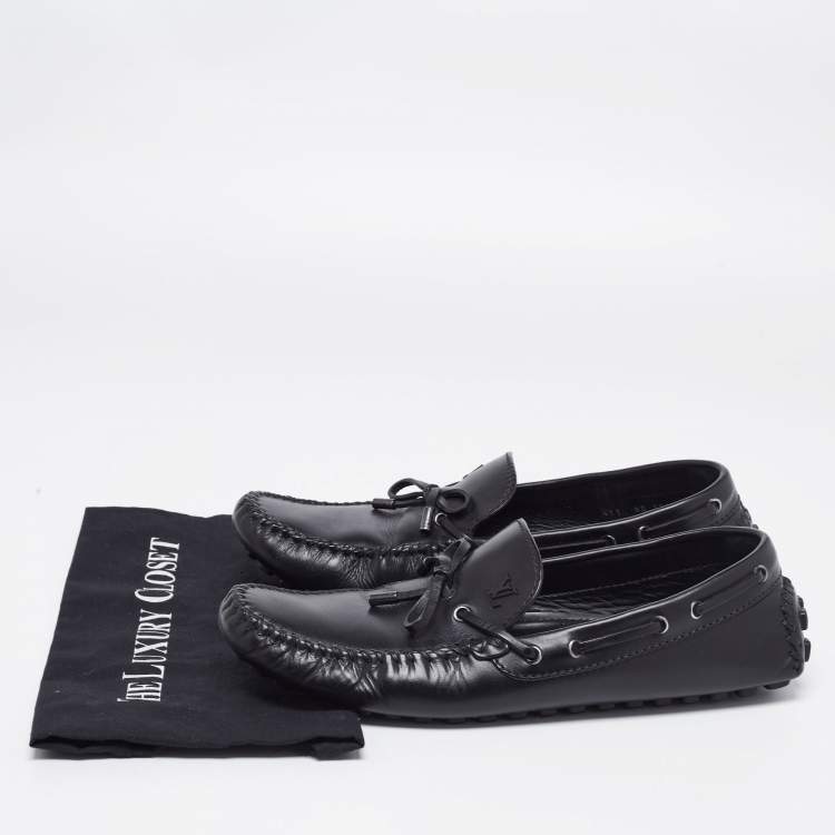 Pre Owned Louis Vuitton Black Leather Logo Bow Slip On Loafers Size 45