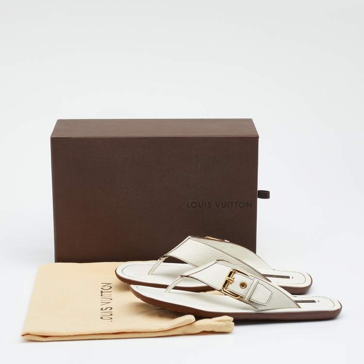 Pre Owned Louis Vuitton Off White Leather Thong Flat Sandals Size Size 39.5