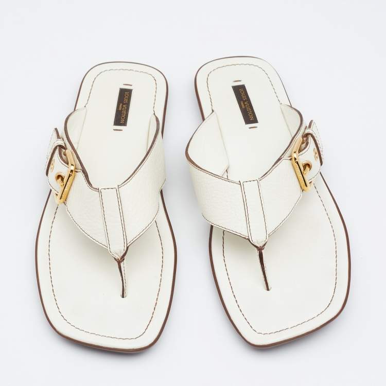 Pre Owned Louis Vuitton Off White Leather Thong Flat Sandals Size Size 39.5