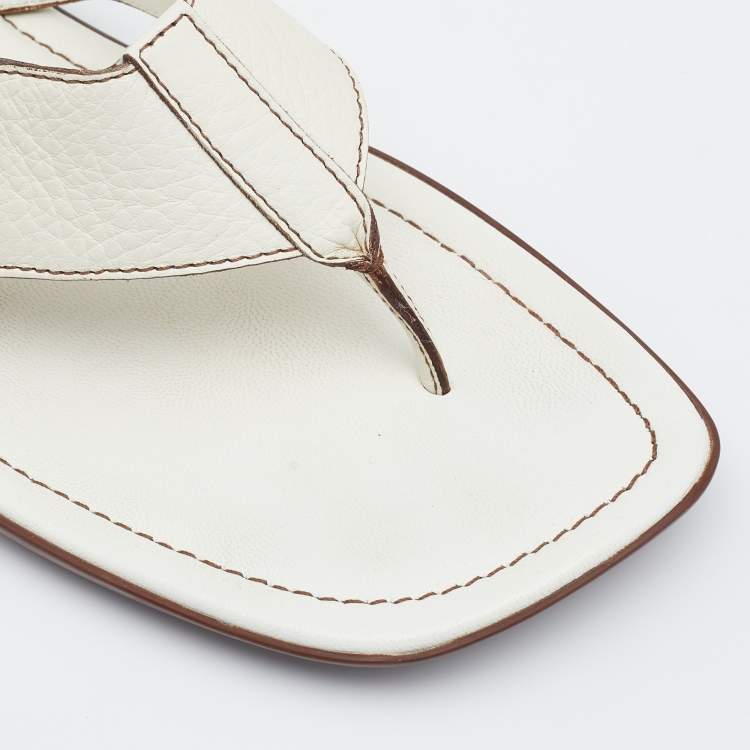 Pre Owned Louis Vuitton Off White Leather Thong Flat Sandals Size Size 39.5