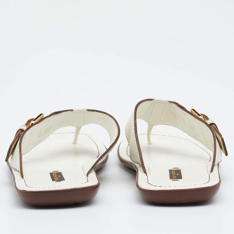 Pre Owned Louis Vuitton Off White Leather Thong Flat Sandals Size Size 39.5