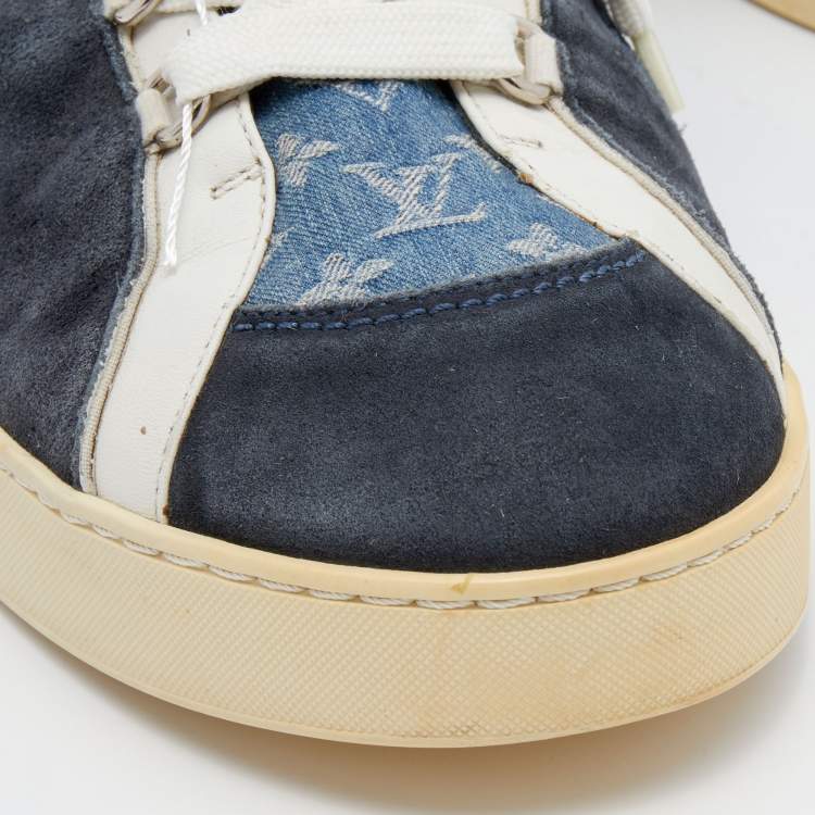 Pre Owned Louis Vuitton Blue Monogram Denim and Suede Rennes Sneakers Size 46