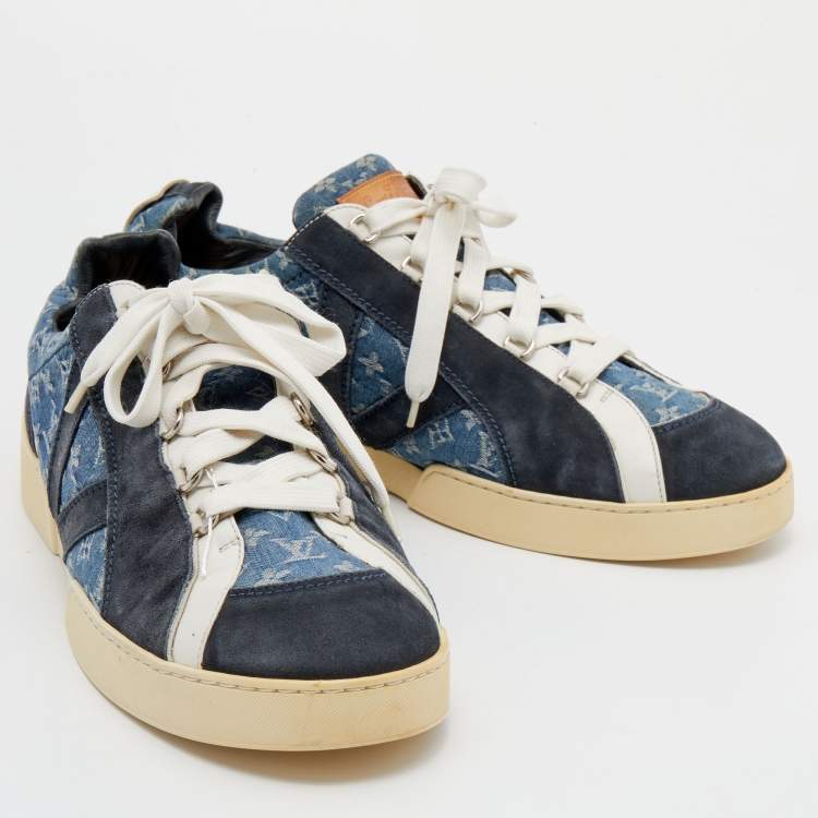 Pre Owned Louis Vuitton Blue Monogram Denim and Suede Rennes Sneakers Size 46