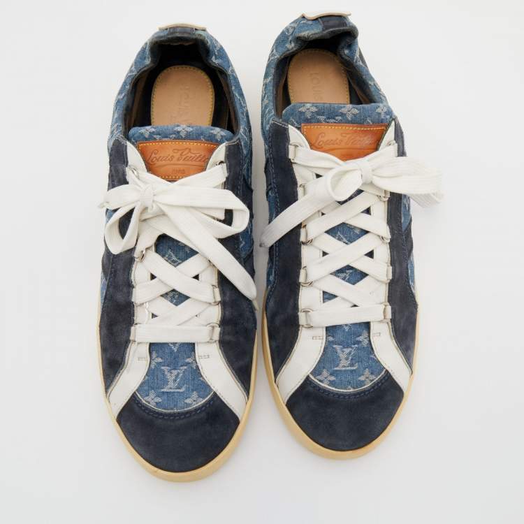 Pre Owned Louis Vuitton Blue Monogram Denim and Suede Rennes Sneakers Size 46