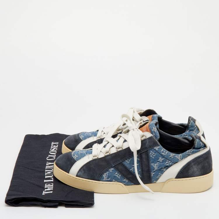 Pre Owned Louis Vuitton Blue Monogram Denim and Suede Rennes Sneakers Size 46