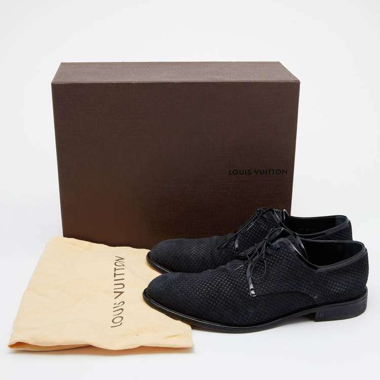 Pre Owned Louis Vuitton Black Damier Embossed Suede and Patent Leather Trim Lace Up Derby Size 43