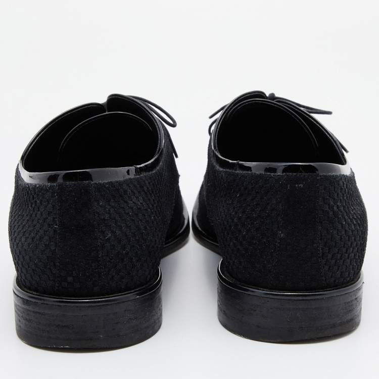Pre Owned Louis Vuitton Black Damier Embossed Suede and Patent Leather Trim Lace Up Derby Size 43